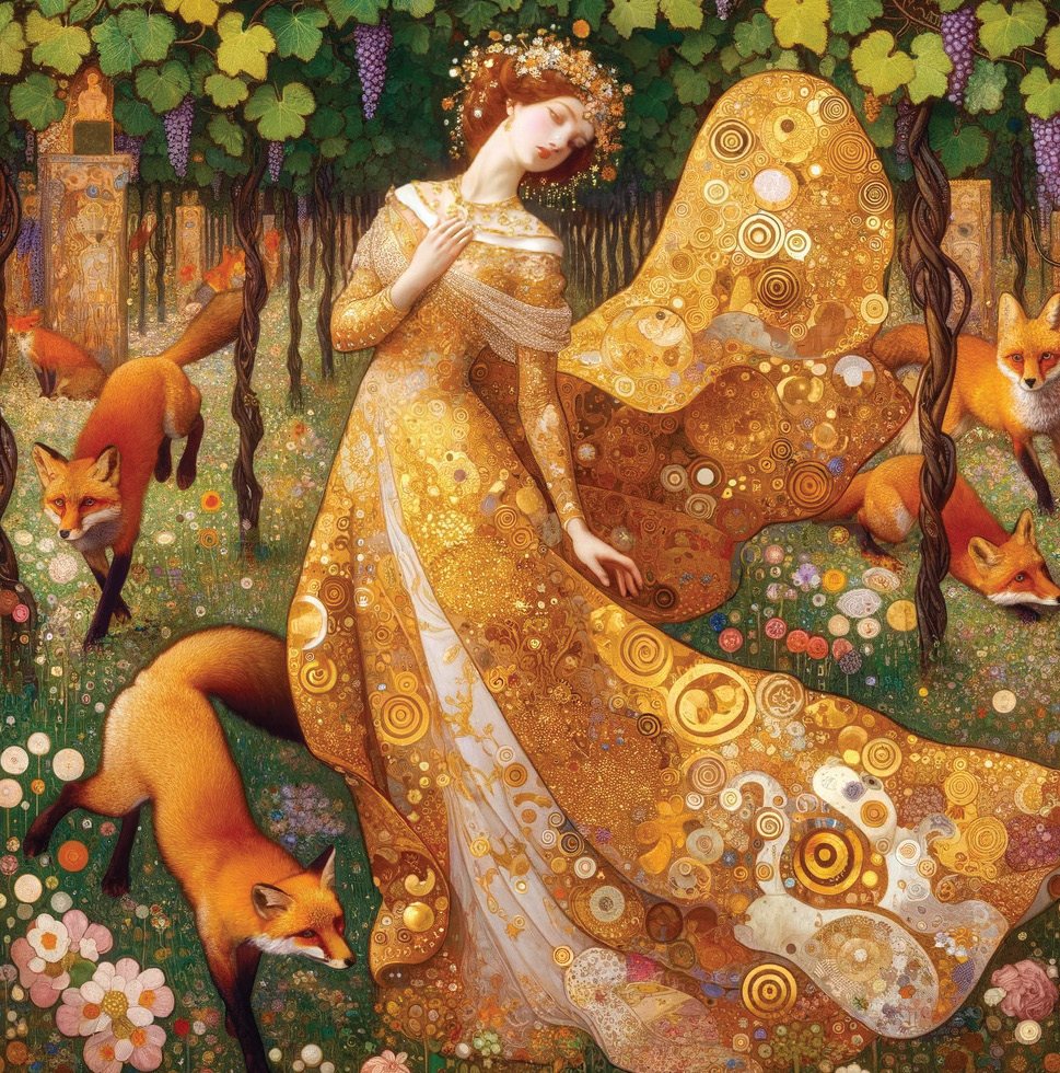 Illustrated spread — the foxes in the blossoming vineyard