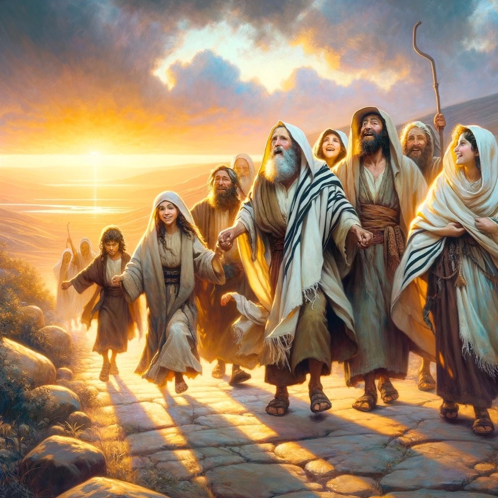 The people walking out of Egypt into morning light